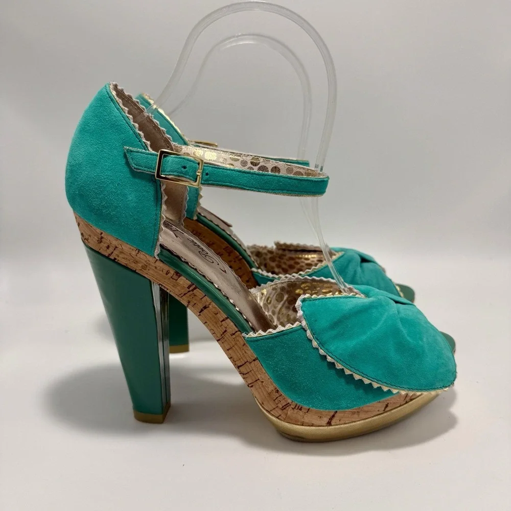 Poetic License Date Night Teal Gold Trim Stiletto Platform Heels Peep Toe 8.5M